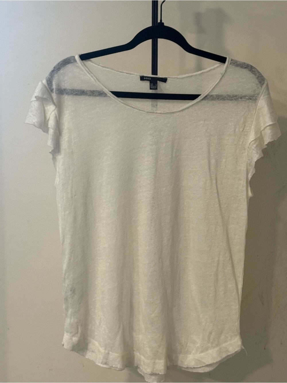 Mango White Short Sleeve Sheer Yoke Linen-Blend Top